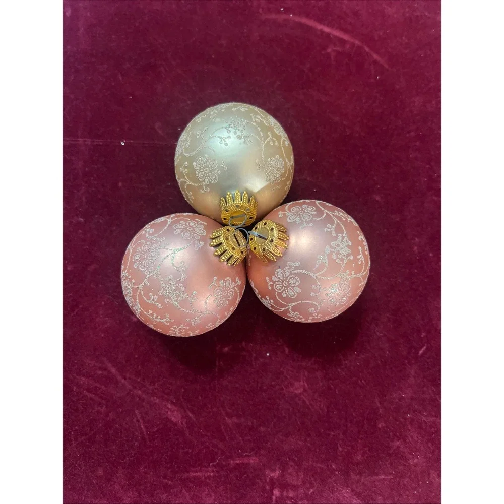 Set of 3 Pink and Champagne Gold Glass Christmas Ornaments Floral Glitter Design